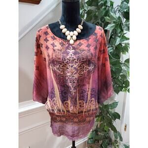 One World Women Orange & Purple Polyester Round Neck Short Sleeve Blouse Size 1X